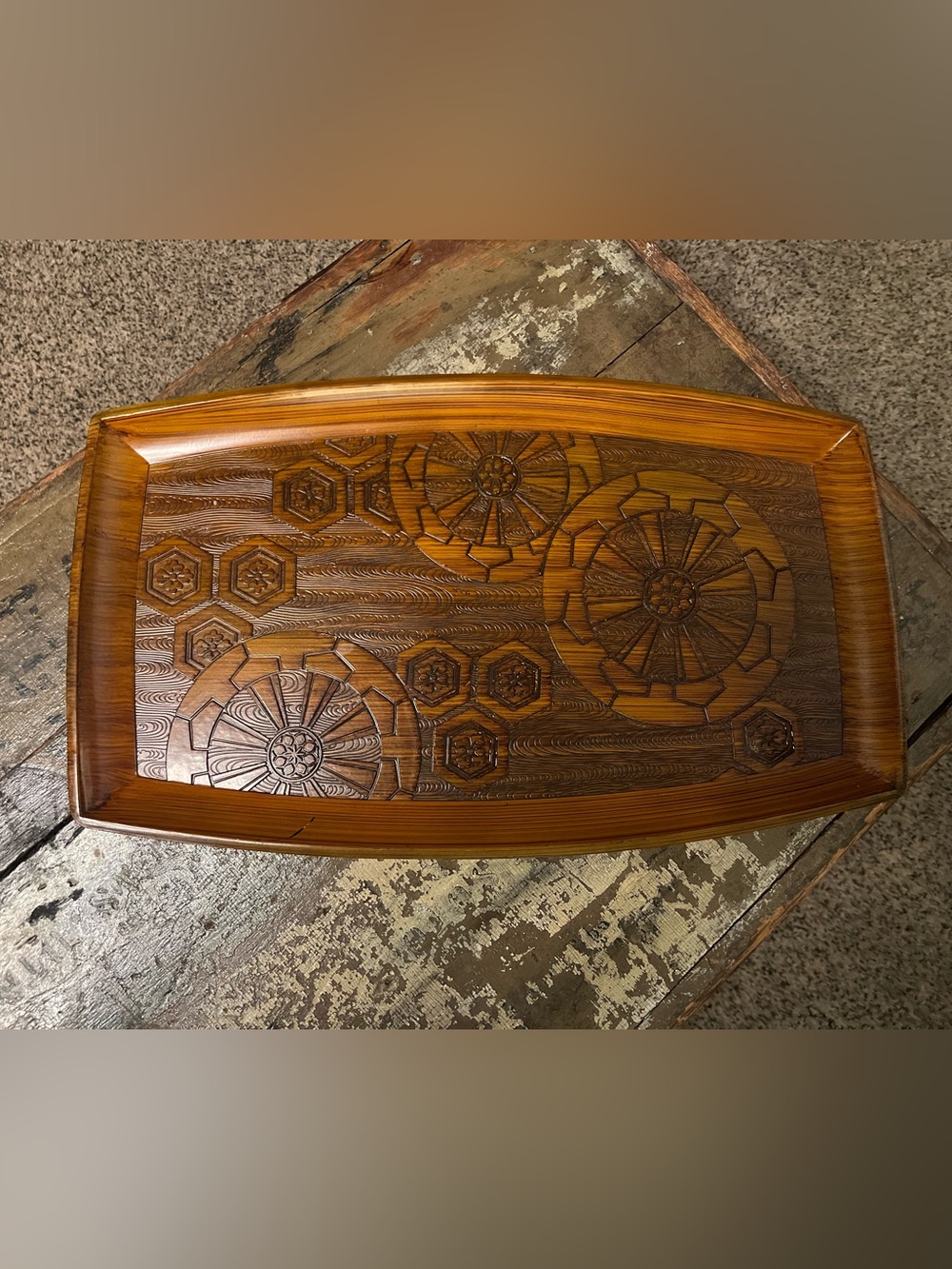 Vintage MCM Plastic “Wood Carved” Decorative Serving Tray - Warm Brown